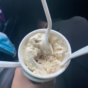 Banana chocolate Freezer burn ice cream with no flavor.