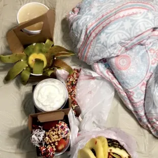 Chocobanano, Pina Loca con Flor de Mango,Small Strawberry Bouquet, and Malteadas.