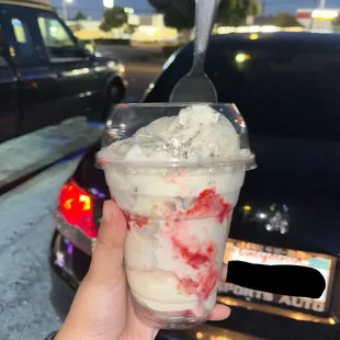 Double Scoop Cup. Strawberry cheesecake on bottom and cookies and cream on top