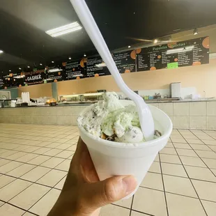 a hand holding a bowl of ice cream