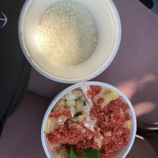 a bowl of rice and a bowl of meat