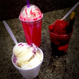 Patron/almond &amp; boysenberry/cheesecake ice cream; strawberry milkshake; &amp; "mangolote" (I could have spelled it wrong).