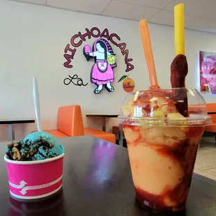 Small Cookie Monster ice cream and small Mangonadas