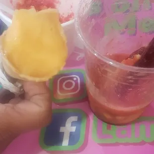 Mangoneada, vanilla ice cream and esquite with cheetos.