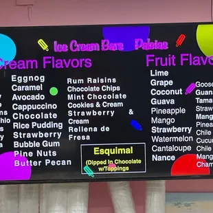 a menu for ice cream flavors