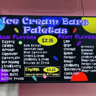 a menu for ice cream bars