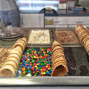 Ice cream cones and toppings