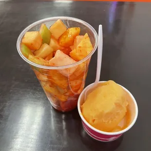 Fruit cup and mango sorbet. Mango sorbet was delicious!
