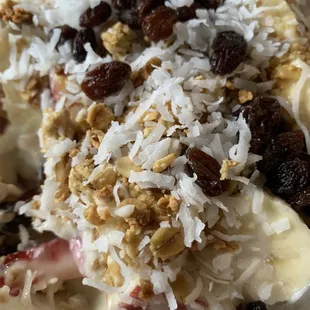 Bionico ( fruit - apples, mango, bananas, strawberries topped with granola, raisins, coconut and sweet cream sauce).