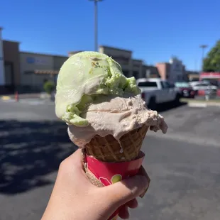 Pistachio and snicker ice cream cone