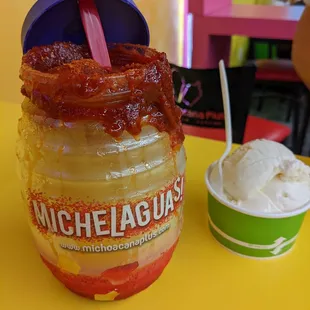 Mango micheagua and a single scoop of tres leches ice cream