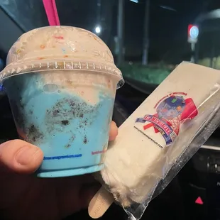 My son's Cookie Monster and fruity pebbles. My queso paleta