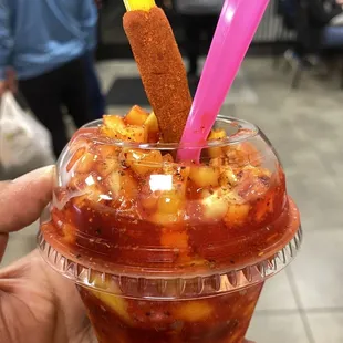 My dessert - mangonada ice cream with mangos on top and chamoy