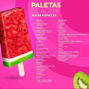 Paletas De Agua Menu / Water Ice cream Menu