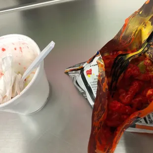 Hot Cheeto with cheese and jalapeño I just finished a double scoop of pistachio delicious