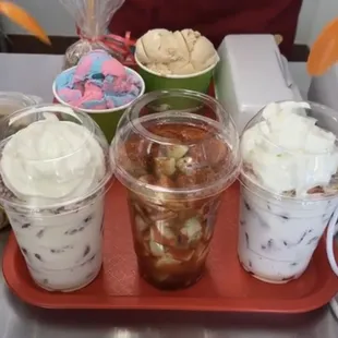 Strawberries &amp; cream , cucumber &amp; chamoy , ice cream , candy apple / chamoy