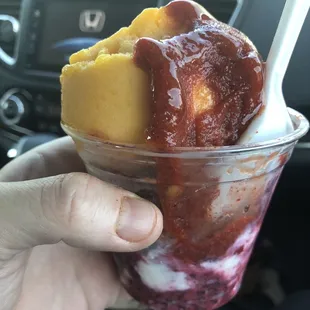 Mango and chili, blackberry and queso