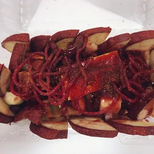 a close up of a plate of potatoes