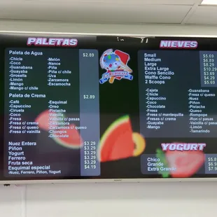 Menu of popsicles, ice cream and yogurt