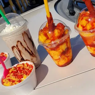 Hot cheetos esquite, mangonada, and oreo milkshake