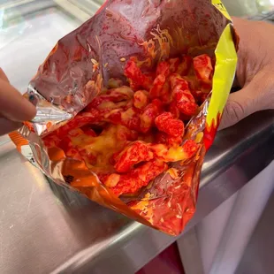 a person holding a bag of food