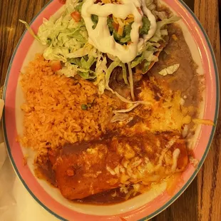 #9 Tostada, Enchilada, Rice and Beans