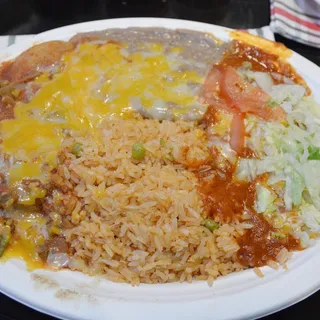 16. Chile Relleno and Enchilada, Rice and Beans