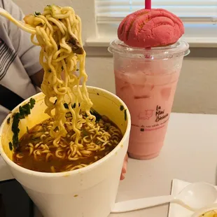 Birriera ramen and strawberry horchata