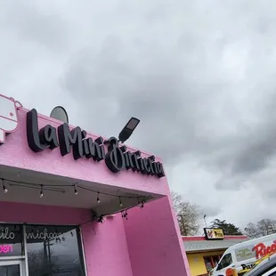 Building of the restaurant. Look for pink