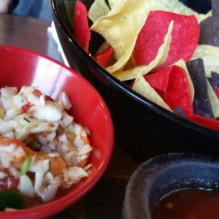 Two types of salsa come out with your colorful tortilla chips!