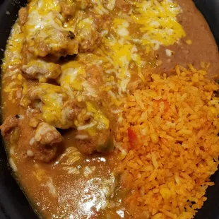 Chili Relleno Platter with rice and beans.