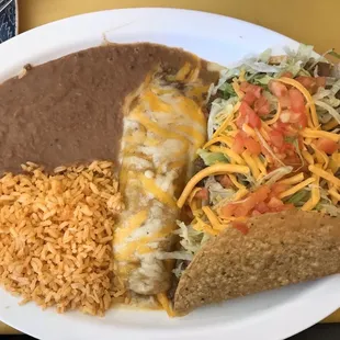 Mix plate - enchilada, taco, tostado, beans &amp; rice