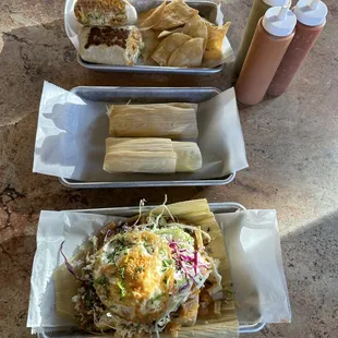Tamale bowl, tamales, and burrito