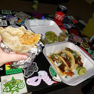 Chile Rellano Burro, Pork al pastor Tacos, Side of Guac