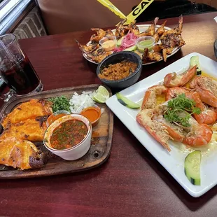 Birria quesdialla (left)  Zarandeados Camarones Zarandeados (top) Langostinos a la Mantequilla (right)