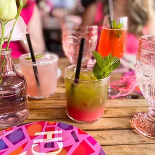 a close up of a table with drinks