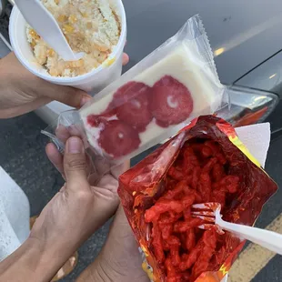 Elote, strawberry pop, &amp; hot cheetos con queso!