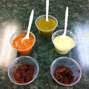 The Red, The Green, and The Secret Sauce... secret was my fav. Not on the menu. 2 styles of Barbacoa. all meat or fatty.