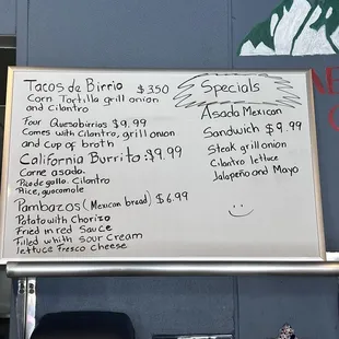 a menu on a whiteboard