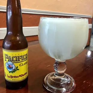 Pacifico and a large (and strong) Frozen Margarita (no salt)