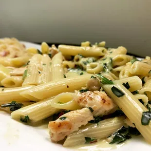 a plate of pasta with chicken and spinach