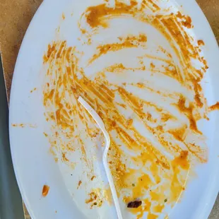 a dirty plate with a fork and knife