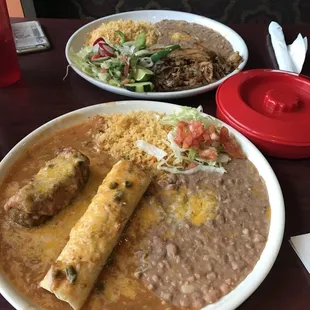 Combination with chile relleno and chicken burrito.