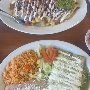 Green chicken enchiladas and carne asada super fries