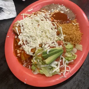 Cheese enchiladas, beans and rice