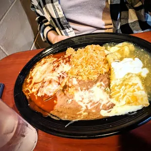 Cheese enchilada and chili relleno plate red and green sauce