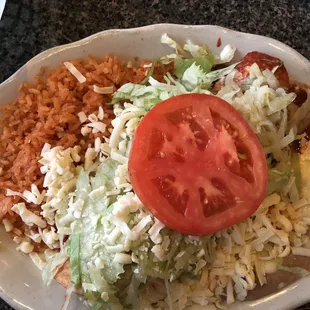 Chicken chimichanga with rice and beans