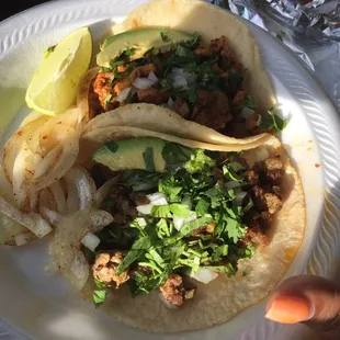 Quick snack spicy pork and chicken tacos.
