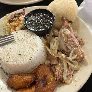 The pork with rice, beans and fried plantains is so delicious! The point of seasoning is just perfect!