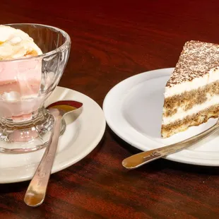 a slice of cake and ice cream